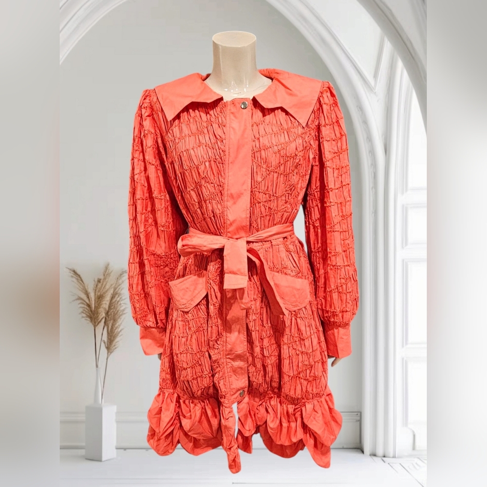 ASHRO Women Salmon Orange Stretch Crinkle Pleated Belted Coat Dress 10